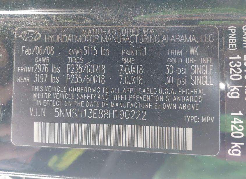 Photo 9 of 2008 Hyundai Santa FE LIMITED/SE (VIN 5NMSH13E88H190222)