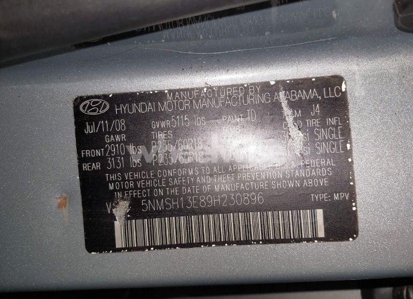 Photo 9 of 2009 Hyundai Santa FE SE (VIN 5NMSH13E89H230896)