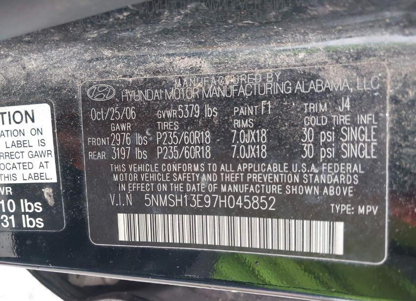 Photo 9 of 2007 Hyundai Santa FE LIMITED/SE (VIN 5NMSH13E97H045852)