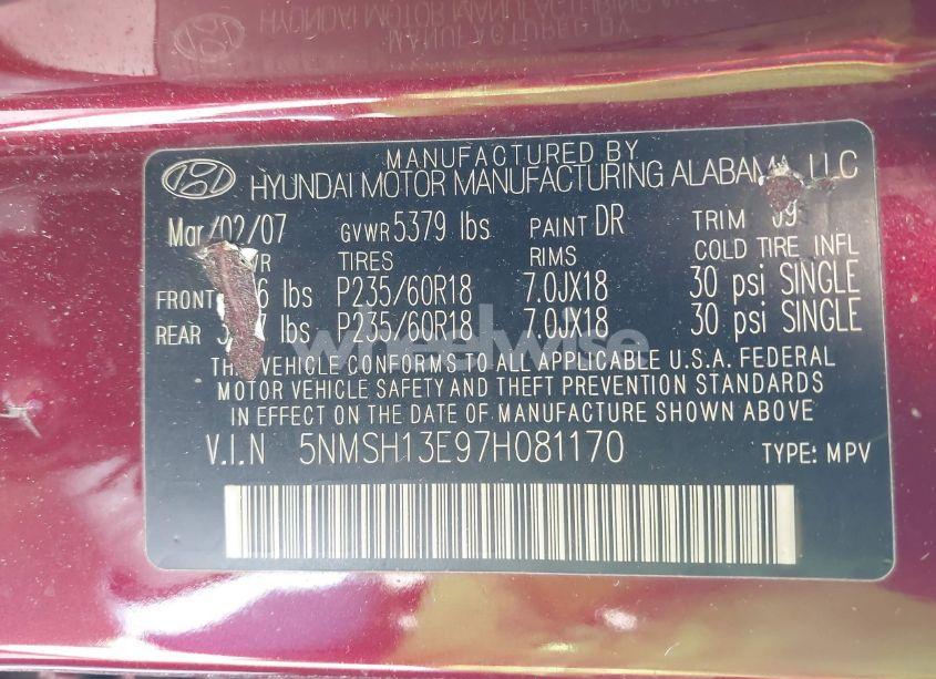 Photo 9 of 2007 Hyundai Santa FE LIMITED/SE (VIN 5NMSH13E97H081170)