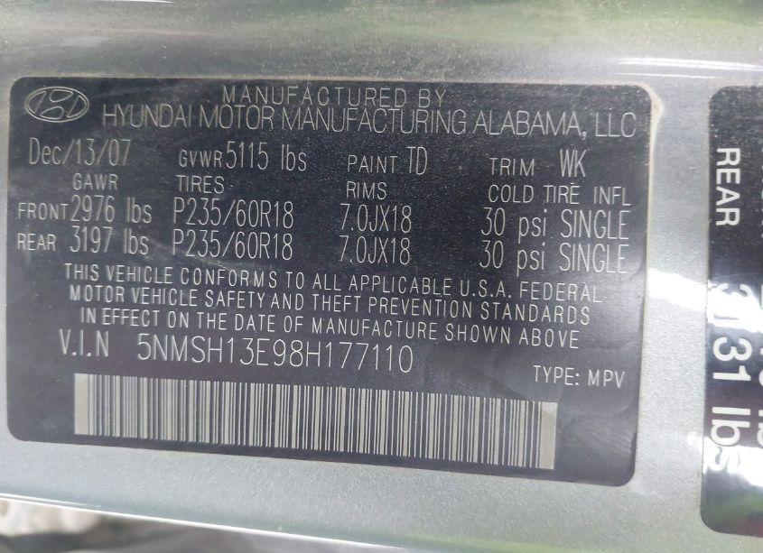 Photo 9 of 2008 Hyundai Santa FE LIMITED/SE (VIN 5NMSH13E98H177110)