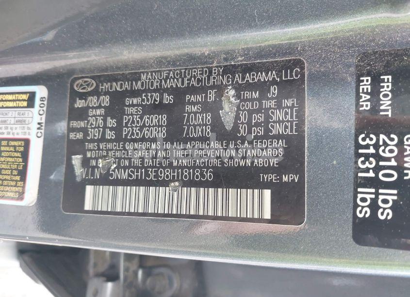 Photo 9 of 2008 Hyundai Santa FE LIMITED/SE (VIN 5NMSH13E98H181836)