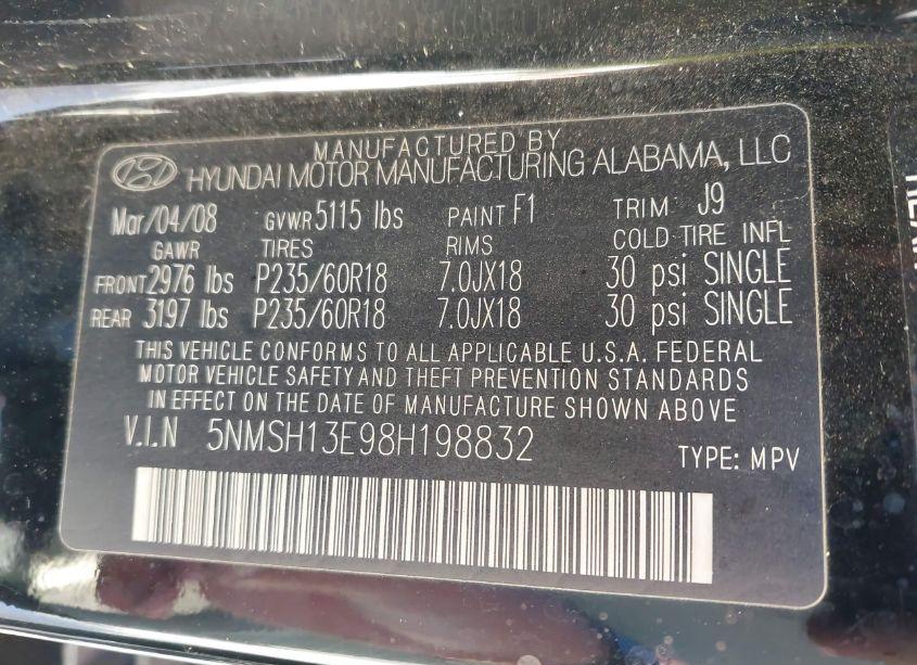 Photo 9 of 2008 Hyundai Santa FE LIMITED/SE (VIN 5NMSH13E98H198832)