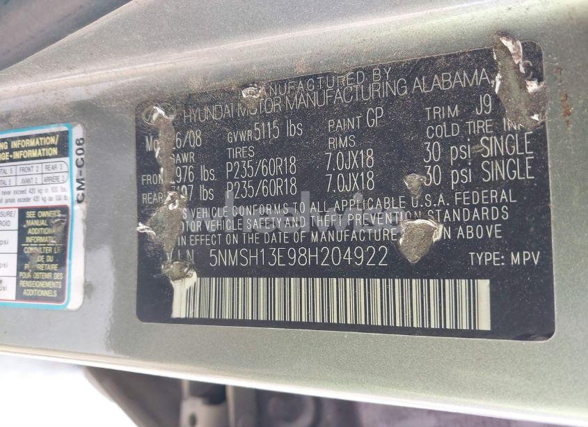 Photo 9 of 2008 Hyundai Santa FE LIMITED/SE (VIN 5NMSH13E98H204922)