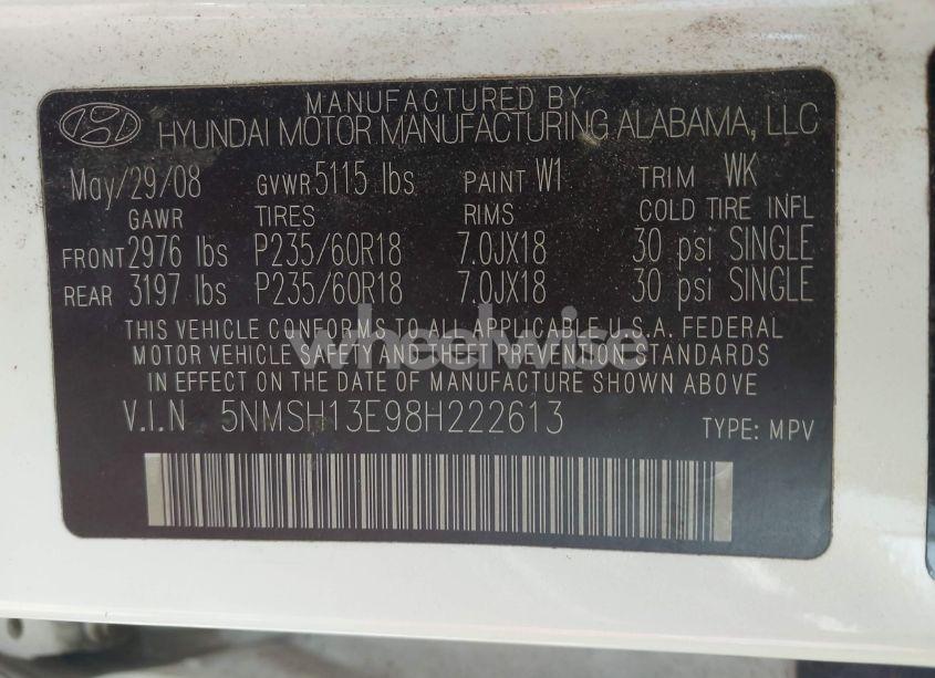 Photo 9 of 2008 Hyundai Santa FE LIMITED/SE (VIN 5NMSH13E98H222613)