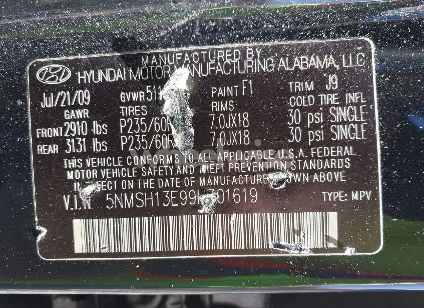 Photo 9 of 2009 Hyundai Santa FE LIMITED (VIN 5NMSH13E99H301619)