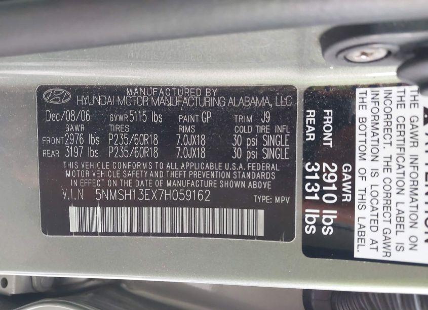 Photo 9 of 2007 Hyundai Santa FE LIMITED/SE (VIN 5NMSH13EX7H059162)