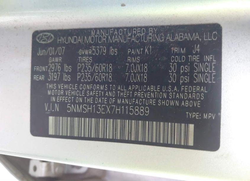 Photo 9 of 2007 Hyundai Santa FE LIMITED/SE (VIN 5NMSH13EX7H115889)