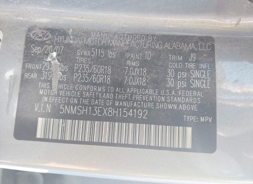 Photo 9 of 2008 Hyundai Santa FE LIMITED/SE (VIN 5NMSH13EX8H154192)