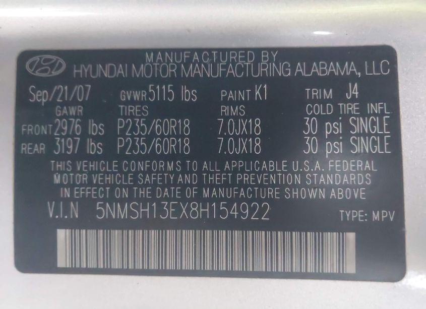 Photo 9 of 2008 Hyundai Santa FE LIMITED/SE (VIN 5NMSH13EX8H154922)