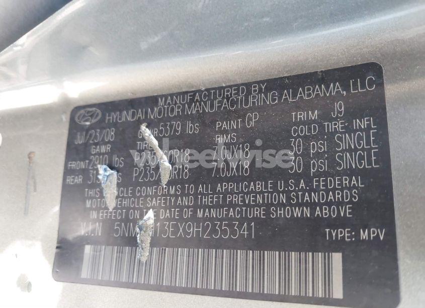 Photo 9 of 2009 Hyundai Santa FE LIMITED (VIN 5NMSH13EX9H235341)