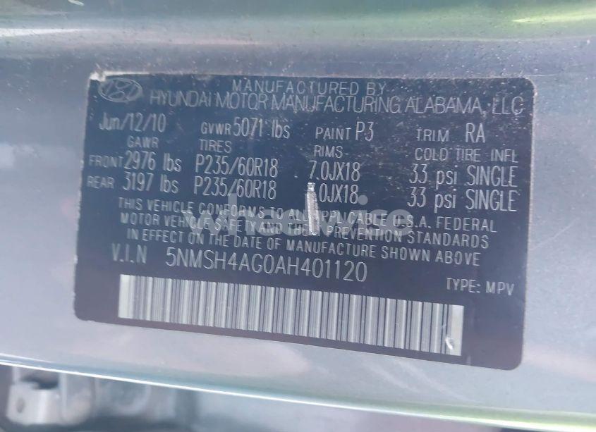 Photo 9 of 2010 Hyundai Santa FE SE (VIN 5NMSH4AG0AH401120)