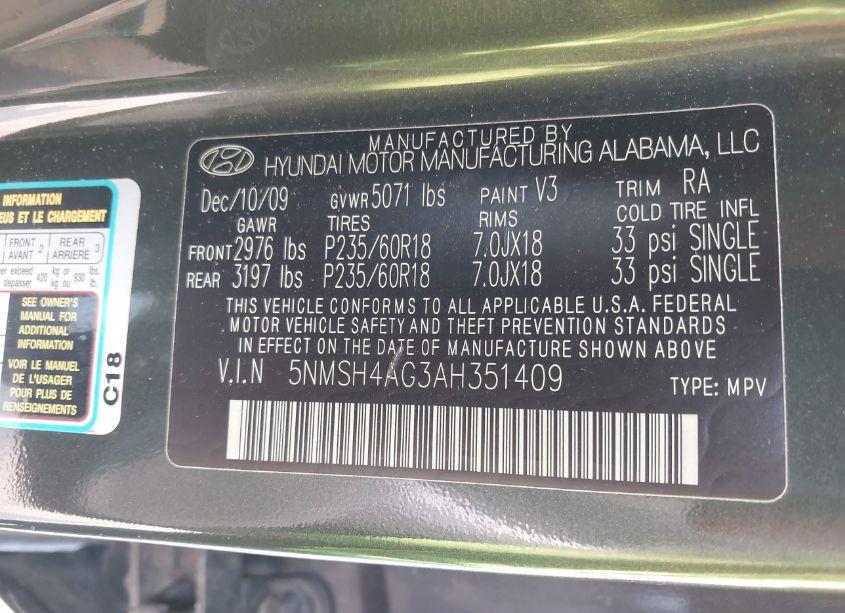 Photo 9 of 2010 Hyundai Santa FE SE (VIN 5NMSH4AG3AH351409)