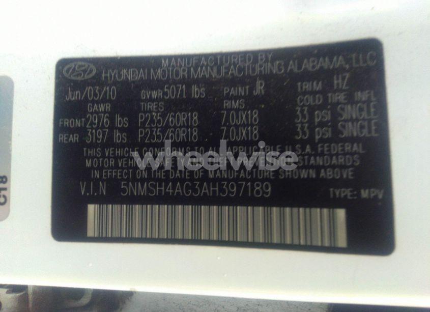 Photo 9 of 2010 Hyundai Santa FE SE (VIN 5NMSH4AG3AH397189)