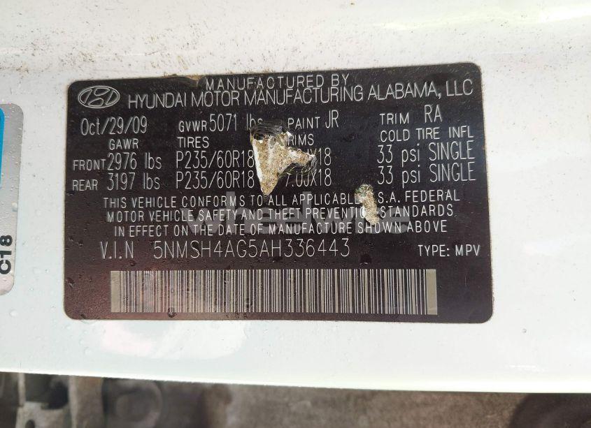 Photo 9 of 2010 Hyundai Santa FE SE (VIN 5NMSH4AG5AH336443)