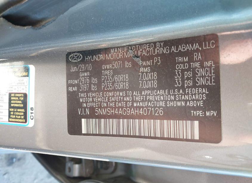 Photo 9 of 2010 Hyundai Santa FE SE (VIN 5NMSH4AG9AH407126)