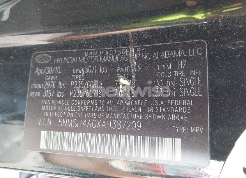 Photo 9 of 2010 Hyundai Santa FE SE (VIN 5NMSH4AGXAH387209)