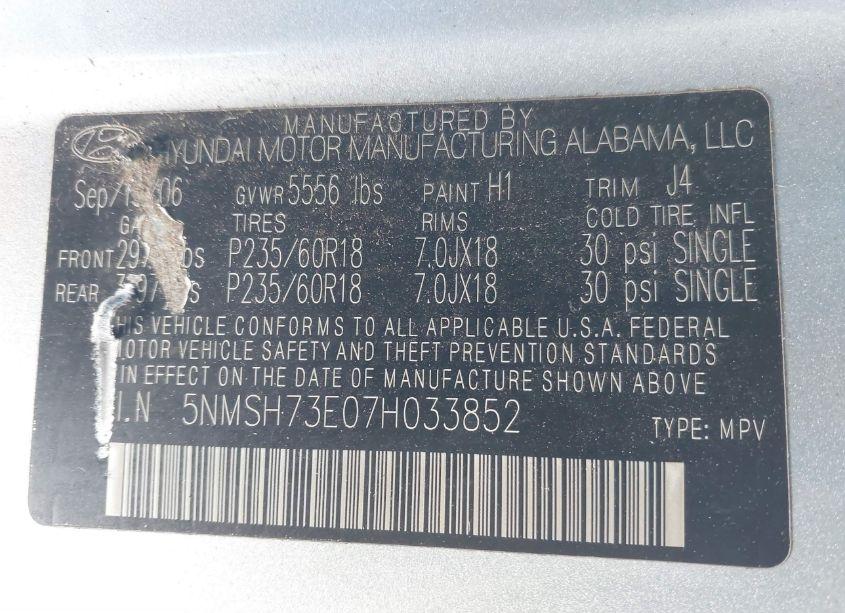 Photo 9 of 2007 Hyundai Santa FE LIMITED/SE (VIN 5NMSH73E07H033852)