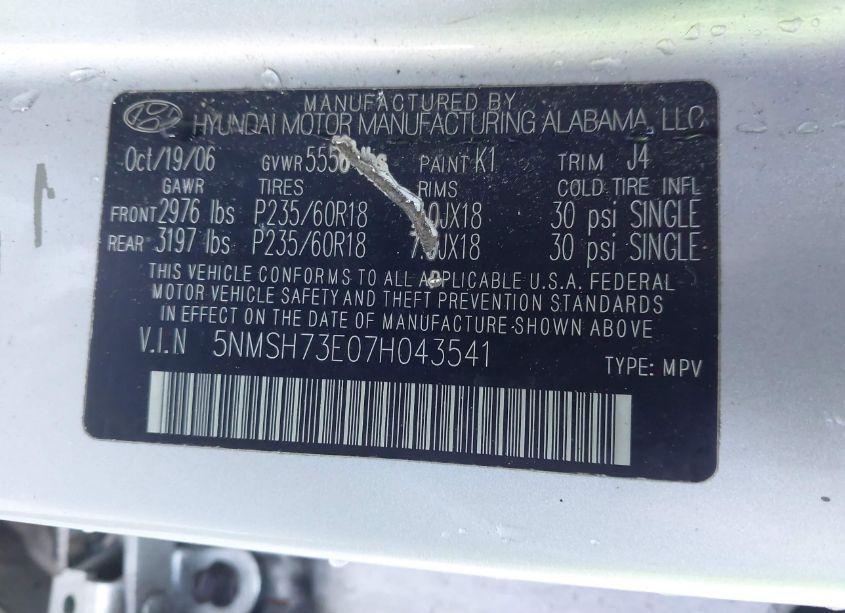 Photo 9 of 2007 Hyundai Santa FE LIMITED/SE (VIN 5NMSH73E07H043541)