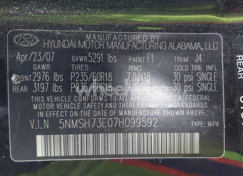 Photo 9 of 2007 Hyundai Santa FE LIMITED/SE (VIN 5NMSH73E07H099592)