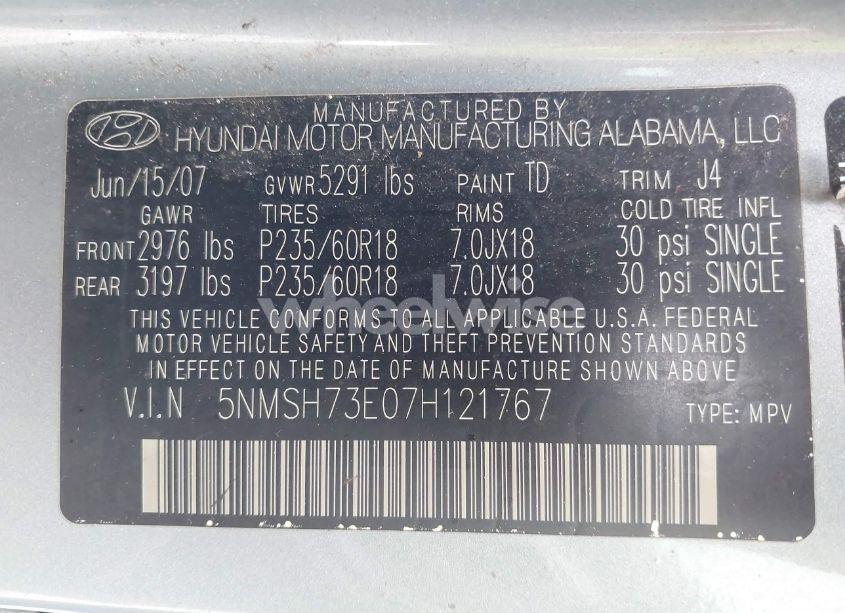 Photo 9 of 2007 Hyundai Santa FE LIMITED/SE (VIN 5NMSH73E07H121767)