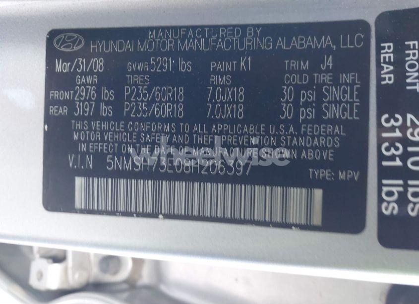 Photo 9 of 2008 Hyundai Santa FE LIMITED/SE (VIN 5NMSH73E08H206397)