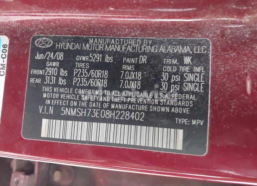 Photo 9 of 2008 Hyundai Santa FE LIMITED/SE (VIN 5NMSH73E08H228402)