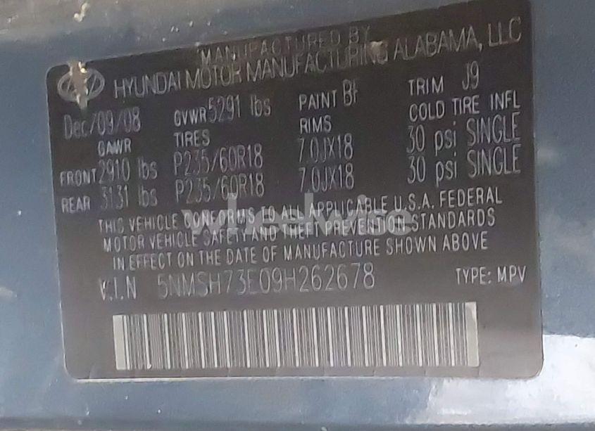 Photo 9 of 2009 Hyundai Santa FE LIMITED (VIN 5NMSH73E09H262678)