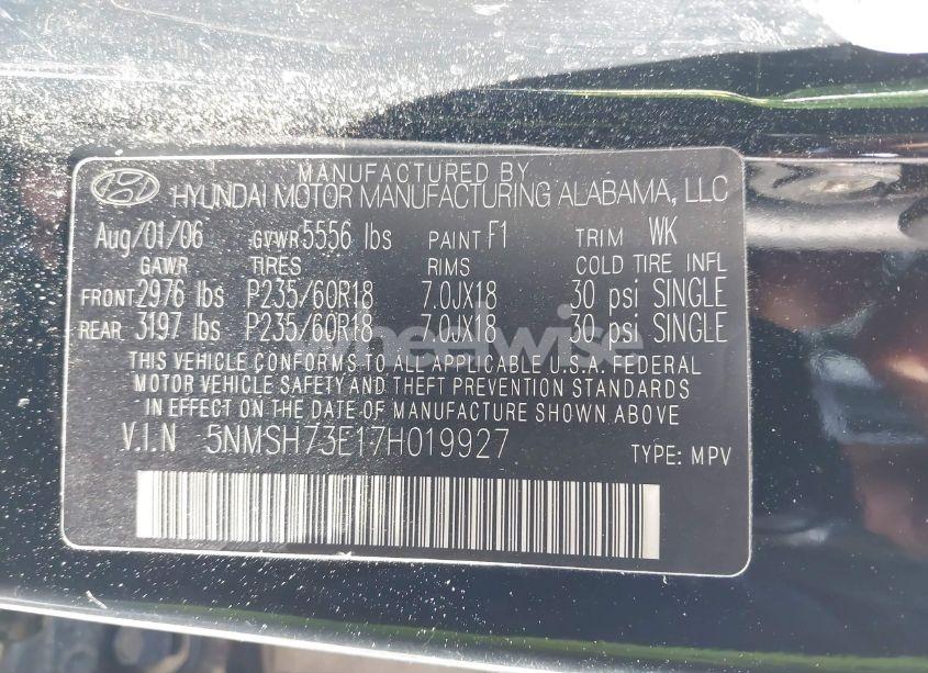 Photo 9 of 2007 Hyundai Santa FE LIMITED/SE (VIN 5NMSH73E17H019927)