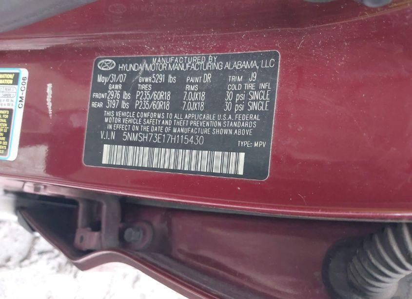 Photo 9 of 2007 Hyundai Santa FE LIMITED/SE (VIN 5NMSH73E17H115430)