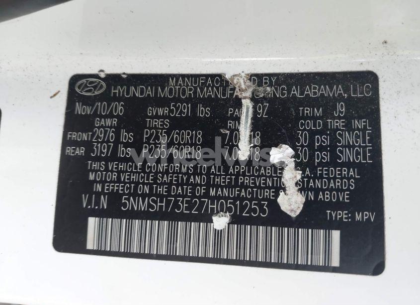 Photo 9 of 2007 Hyundai Santa FE LIMITED/SE (VIN 5NMSH73E27H051253)