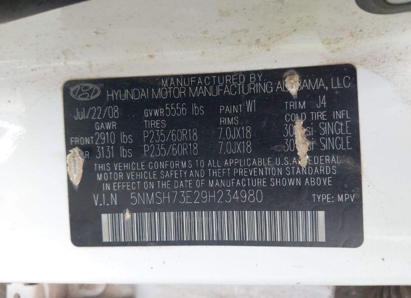 Photo 9 of 2009 Hyundai Santa FE SE (VIN 5NMSH73E29H234980)