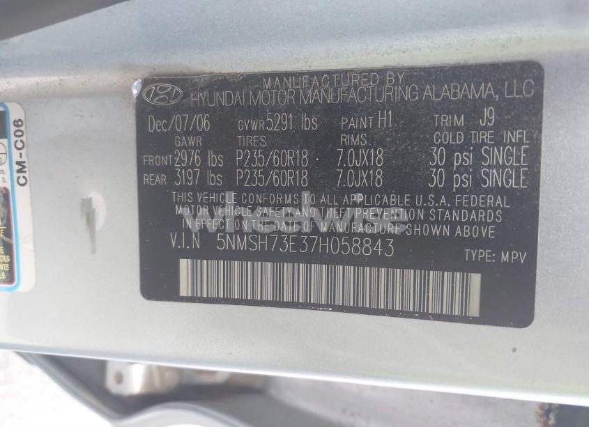 Photo 9 of 2007 Hyundai Santa FE LIMITED/SE (VIN 5NMSH73E37H058843)