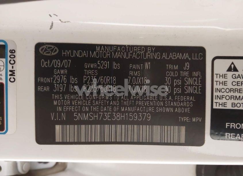 Photo 9 of 2008 Hyundai Santa FE LIMITED/SE (VIN 5NMSH73E38H159379)