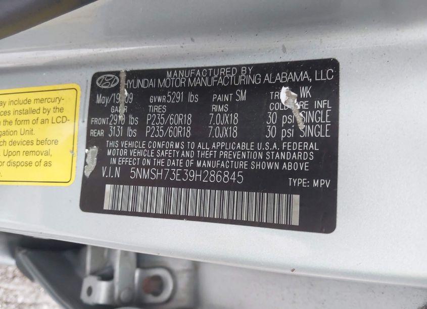 Photo 9 of 2009 Hyundai Santa FE LIMITED (VIN 5NMSH73E39H286845)