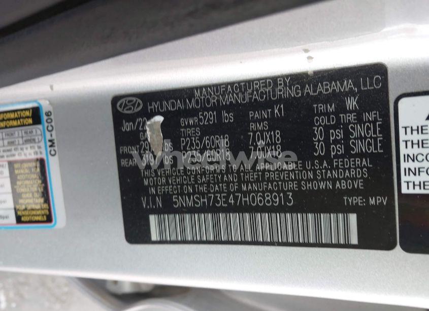 Photo 9 of 2007 Hyundai Santa FE LIMITED/SE (VIN 5NMSH73E47H068913)