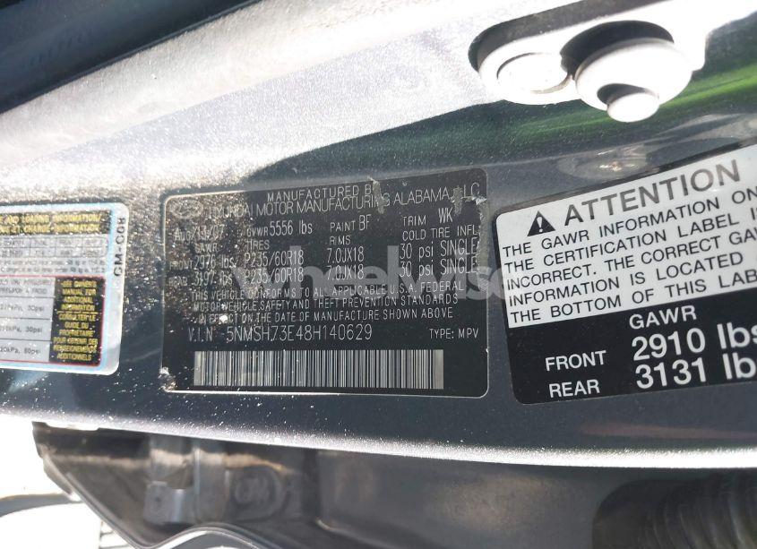 Photo 9 of 2008 Hyundai Santa FE LIMITED/SE (VIN 5NMSH73E48H140629)