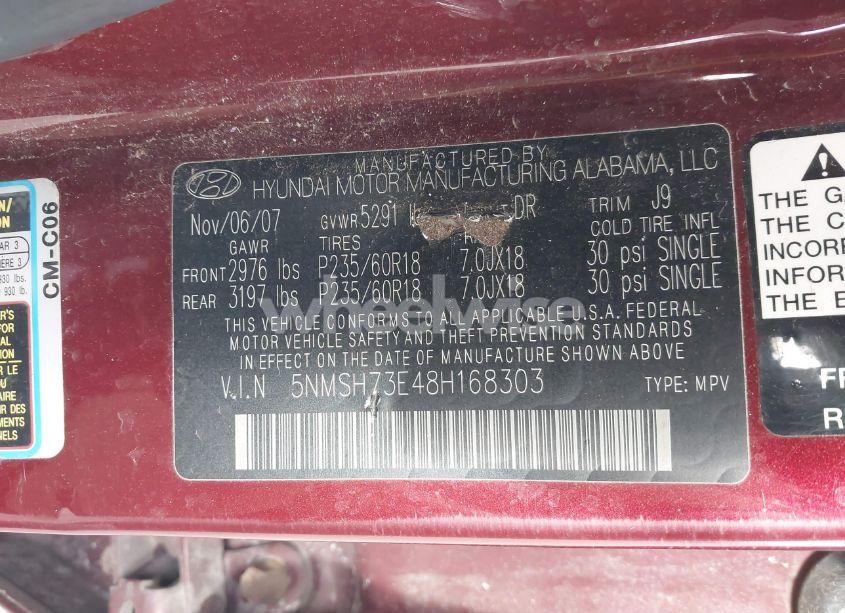 Photo 9 of 2008 Hyundai Santa FE LIMITED/SE (VIN 5NMSH73E48H168303)