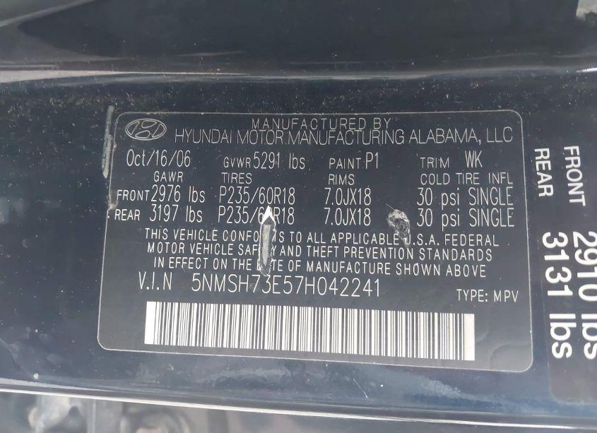 Photo 9 of 2007 Hyundai Santa FE LIMITED/SE (VIN 5NMSH73E57H042241)