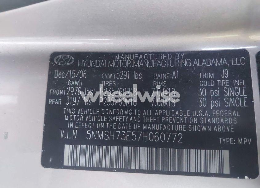 Photo 9 of 2007 Hyundai Santa FE LIMITED/SE (VIN 5NMSH73E57H060772)
