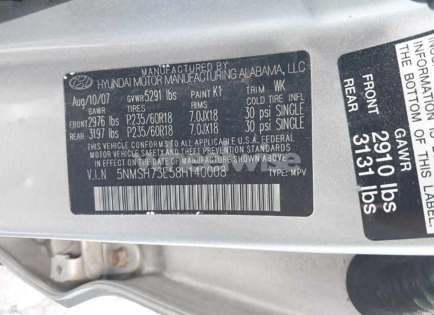 Photo 9 of 2008 Hyundai Santa FE LIMITED/SE (VIN 5NMSH73E58H140008)