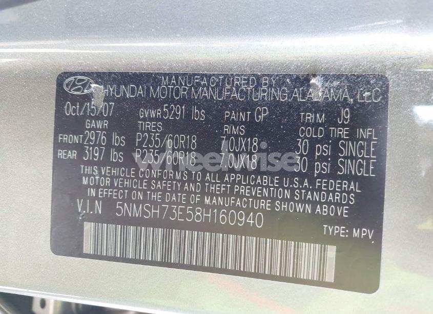 Photo 9 of 2008 Hyundai Santa FE LIMITED/SE (VIN 5NMSH73E58H160940)