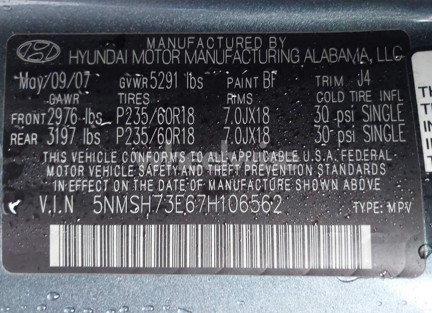 Photo 9 of 2007 Hyundai Santa FE LIMITED/SE (VIN 5NMSH73E67H106562)