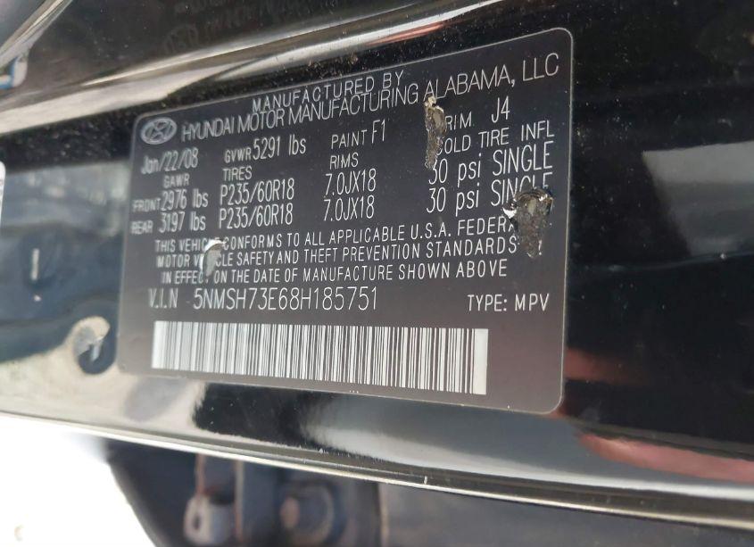 Photo 9 of 2008 Hyundai Santa FE LIMITED/SE (VIN 5NMSH73E68H185751)