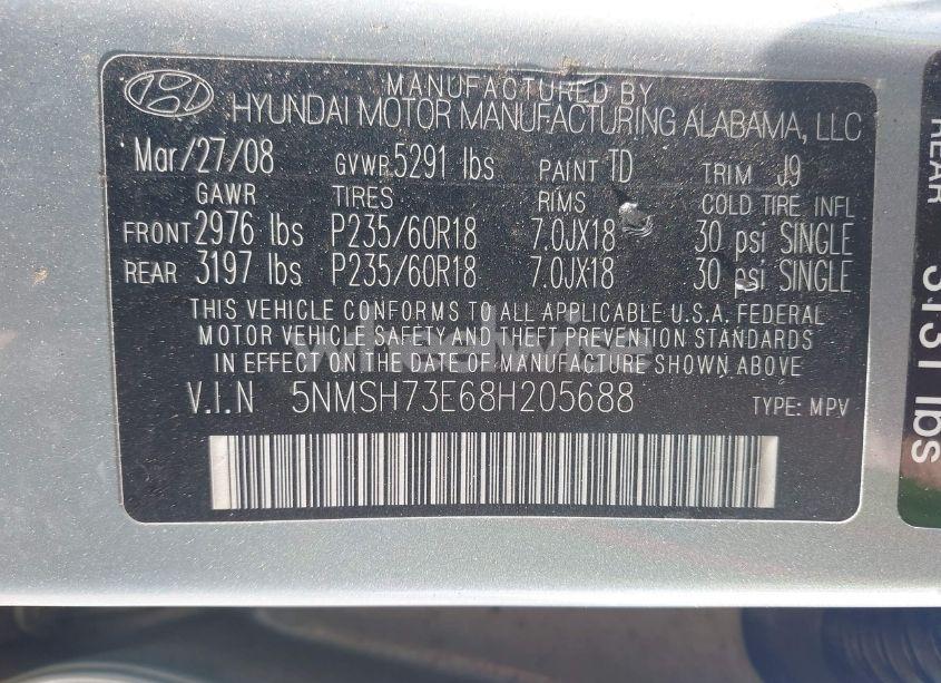 Photo 9 of 2008 Hyundai Santa FE LIMITED/SE (VIN 5NMSH73E68H205688)