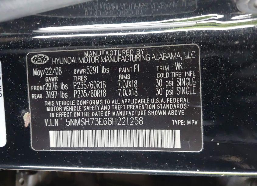 Photo 9 of 2008 Hyundai Santa FE LIMITED/SE (VIN 5NMSH73E68H221258)