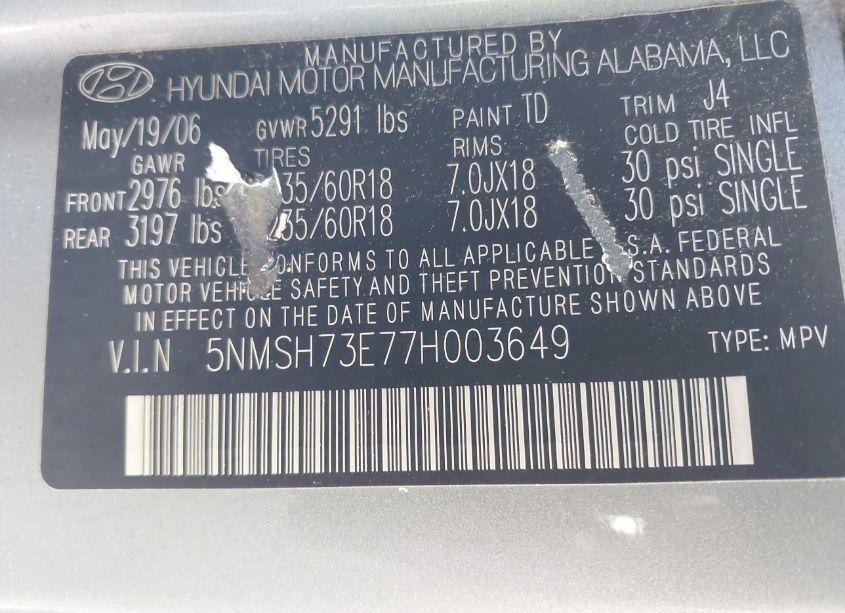 Photo 9 of 2007 Hyundai Santa FE LIMITED/SE (VIN 5NMSH73E77H003649)