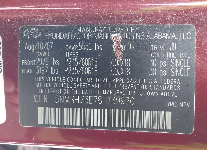 Photo 9 of 2008 Hyundai Santa FE LIMITED/SE (VIN 5NMSH73E78H139930)