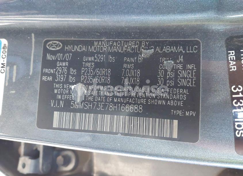 Photo 9 of 2008 Hyundai Santa FE LIMITED/SE (VIN 5NMSH73E78H166688)