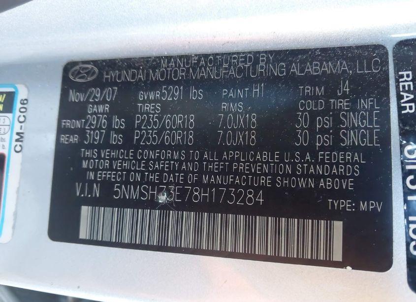Photo 9 of 2008 Hyundai Santa FE LIMITED/SE (VIN 5NMSH73E78H173284)